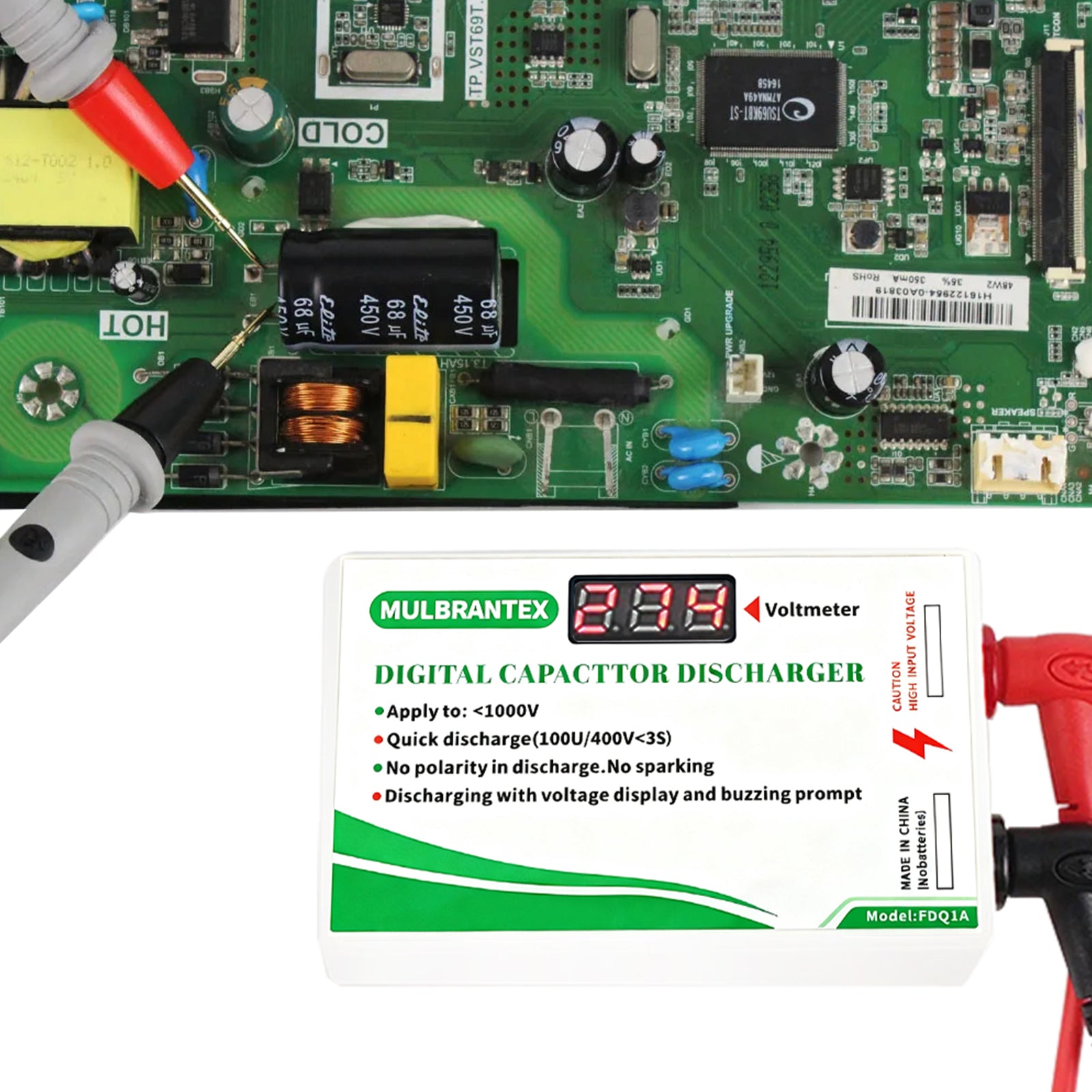 Digital Capacitor Discharge Tool with Voltmeter Display, max Display 999, 10-1000V Fast Discharge, Professional Protection Voltage Discharge Tool for DC/AC Testing, with Test Probe