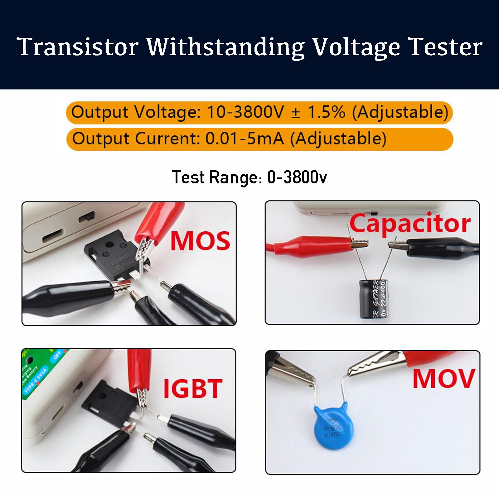 0-3800V Withstand Voltage Tester for IGBT, Diode, MOSFET, SMD LED, MOV & Electrolytic Capacitors, Electronic Components Tester for DIY Home Maintenances